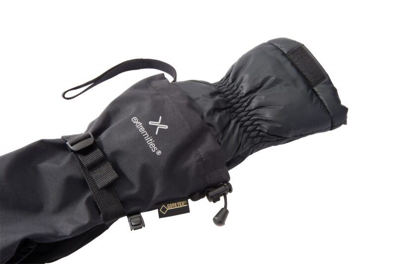 Black Extremities GORE-TEX insulated gauntlet-style winter mitten with elasticated wrist, adjustable strap, Velcro cuff and cord toggle on a white background