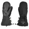 Pair of black insulated winter mittens—one showing a textured leather palm and the other showing the fabric back with an adjustable wrist strap, drawcord cuff and Gore‑Tex tags