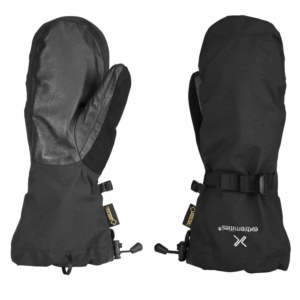 Pair of black insulated winter mittens—one showing a textured leather palm and the other showing the fabric back with an adjustable wrist strap, drawcord cuff and Gore‑Tex tags