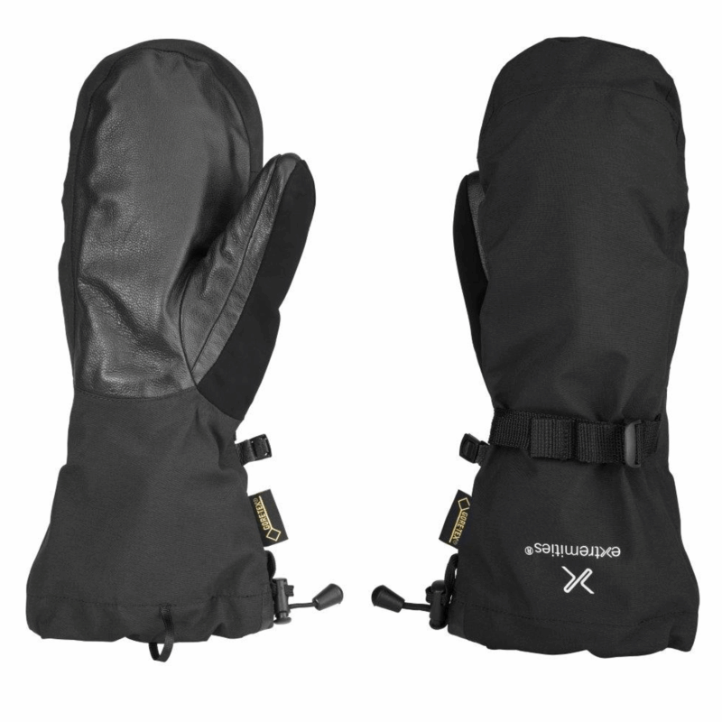 Pair of black insulated winter mittens—one showing a textured leather palm and the other showing the fabric back with an adjustable wrist strap, drawcord cuff and Gore‑Tex tags
