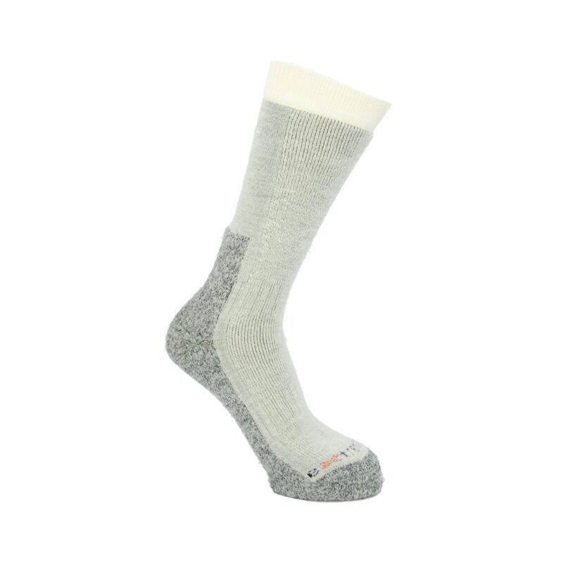 Light grey mid-calf knitted sock with a cream cuff, darker grey cushioned heel and toe and ribbed texture, displayed on a white background.