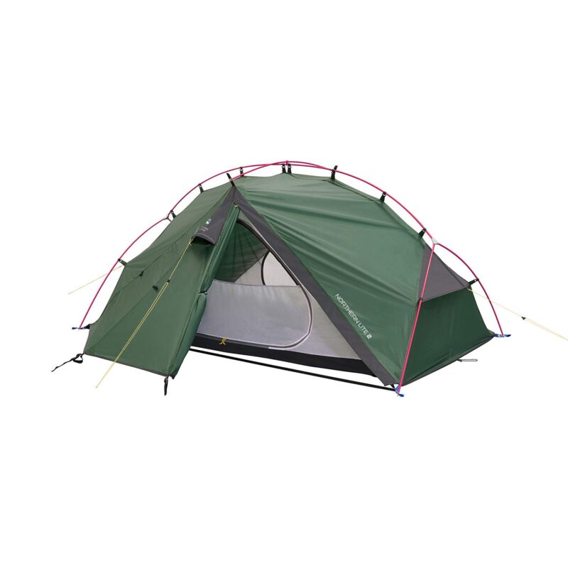 Green two-person dome tent with bright pink crossed poles, a partially open front flap revealing a grey mesh inner tent and black groundsheet, secured with yellow guy lines