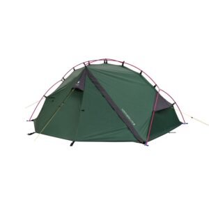 Low-profile green two-person dome tent with bright pink external poles, yellow guy lines and a grey triangular vestibule, 'NORTHERN LITE 2' printed on the side, photographed on a plain white background.
