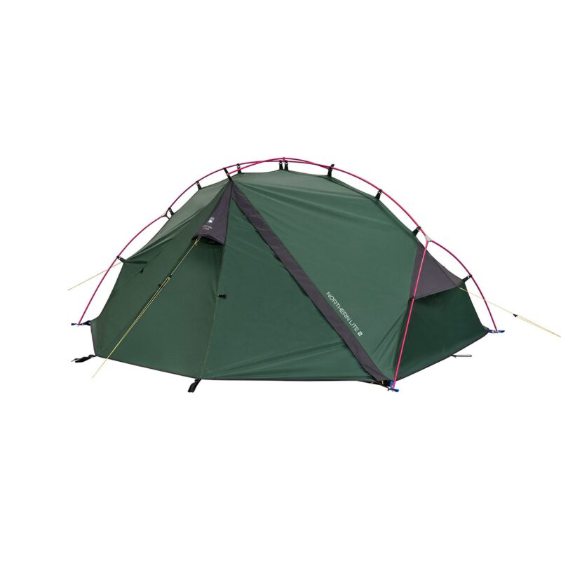 Low-profile green two-person dome tent with bright pink external poles, yellow guy lines and a grey triangular vestibule, 'NORTHERN LITE 2' printed on the side, photographed on a plain white background.