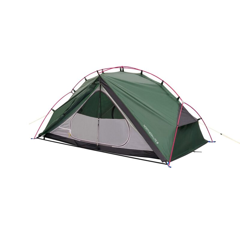 Green two-person dome tent with pink crossed pole frame, grey mesh inner door and black floor, shown pitched against a plain white background.