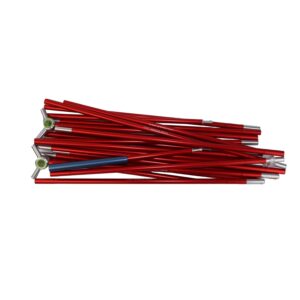 Bundle of disassembled red aluminium tent poles lying stacked, showing silver ferrules, plastic end connectors with green accents and one blue sleeve.