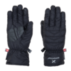 Pair of black insulated winter gloves shown side-by-side, left glove palm-up featuring a textured grip patch and elasticated wrist with buckle, right glove back-up displaying quilted stitching and a small brand logo near the cuff.