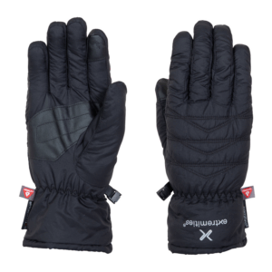 Pair of black insulated winter gloves shown side-by-side, left glove palm-up featuring a textured grip patch and elasticated wrist with buckle, right glove back-up displaying quilted stitching and a small brand logo near the cuff.
