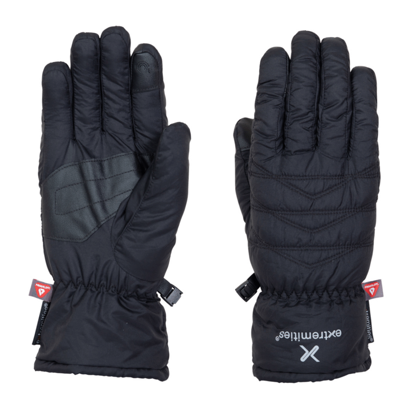 Pair of black insulated winter gloves shown side-by-side, left glove palm-up featuring a textured grip patch and elasticated wrist with buckle, right glove back-up displaying quilted stitching and a small brand logo near the cuff.