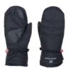 Black insulated winter mittens shown flat side-by-side, one displaying a leather-reinforced palm and thumb and the other showing quilted back stitching, elasticated wrist cuffs and a small brand logo on the cuff.