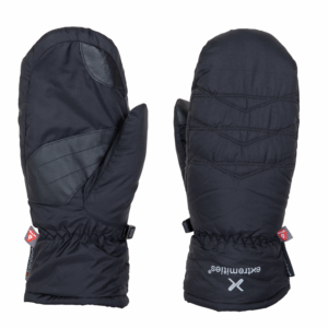 Black insulated winter mittens shown flat side-by-side, one displaying a leather-reinforced palm and thumb and the other showing quilted back stitching, elasticated wrist cuffs and a small brand logo on the cuff.
