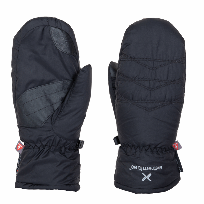 Black insulated winter mittens shown flat side-by-side, one displaying a leather-reinforced palm and thumb and the other showing quilted back stitching, elasticated wrist cuffs and a small brand logo on the cuff.