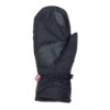 Single black insulated winter mitten with textured leather palm and thumb patches, elasticated wrist, short gauntlet cuff and small red fabric tag, shown on a white background.