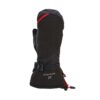 Black insulated winter mitten with padded quilting, adjustable wrist strap and red accent tab, shown on a white background