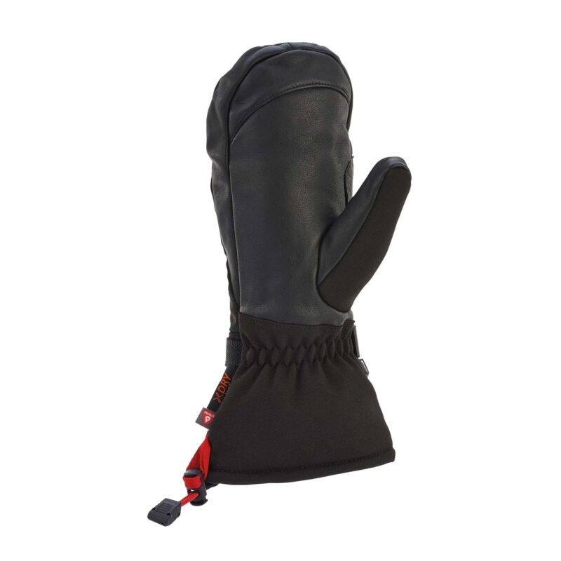 Black insulated winter mitten with smooth leather palm, elasticated wrist and extended gauntlet cuff with a red pull strap and plastic clip