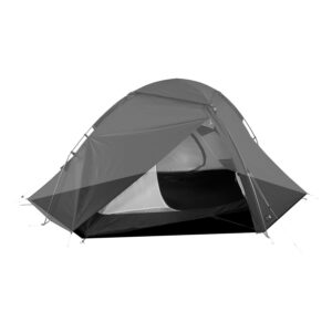 Freestanding two-person dome tent with grey rainfly partially rolled back to reveal a white inner mesh door and black bathtub floor, supported by external poles and guy lines.