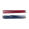 Two sets of collapsed aluminium tent poles, one red and one blue, laid horizontally on a white background showing silver connector tips and telescopic segments