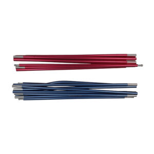 Pioneer-2-Pole-set-WEB-3.jpg Two sets of collapsed aluminium tent poles, one red and one blue, laid horizontally on a white background showing silver connector tips and telescopic segments