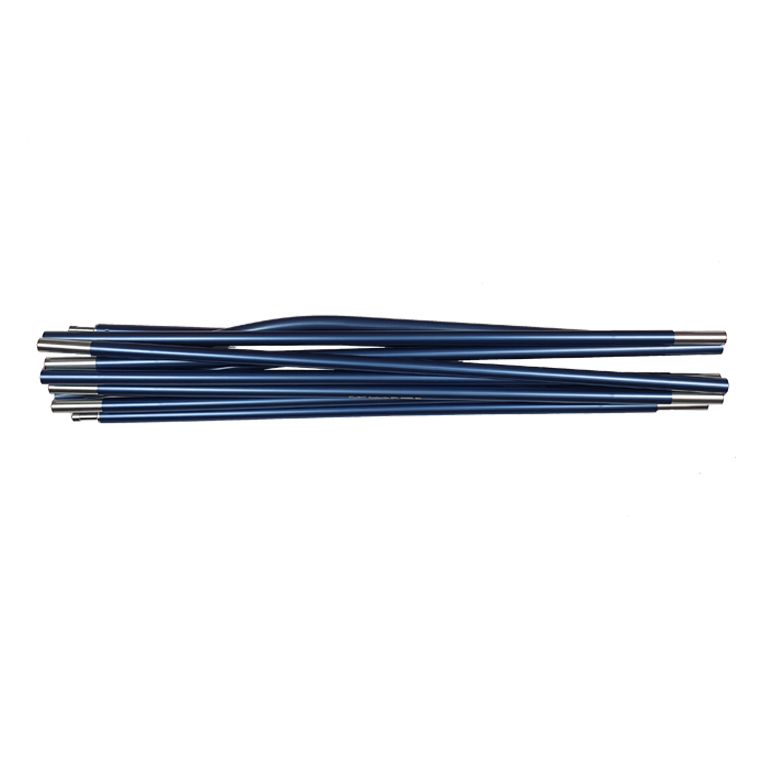 Stacked collapsed blue aluminium tent poles with silver end ferrules laid horizontally on a white background.