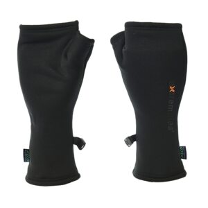 Powerline-Wrist-Gaiter-scaled-4.jpg Pair of black fingerless neoprene gauntlet gloves with separate thumb openings and long cuffs, each bearing a small brand tag and plastic clip, photographed on a white background.