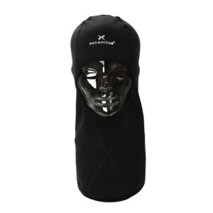 Black full-coverage balaclava with a white "extremities" logo on the forehead, fitted over a glossy black mannequin head and extending down to cover the neck while leaving the face opening exposed.