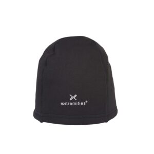 Black fitted beanie with visible stitched panels and a white "extremities" logo centered on the front, displayed on a plain white background.