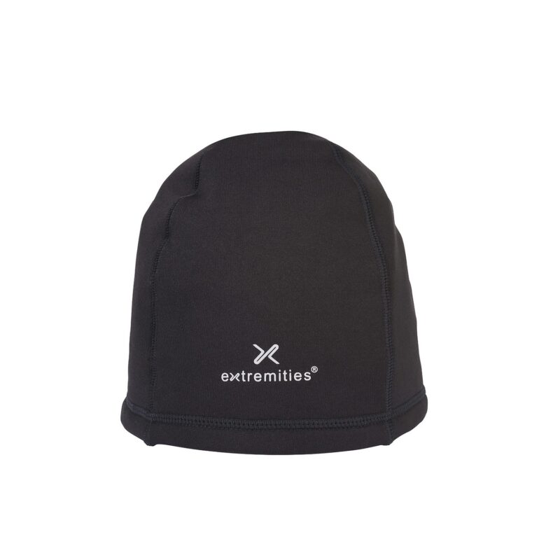Black fitted beanie with visible stitched panels and a white "extremities" logo centered on the front, displayed on a plain white background.