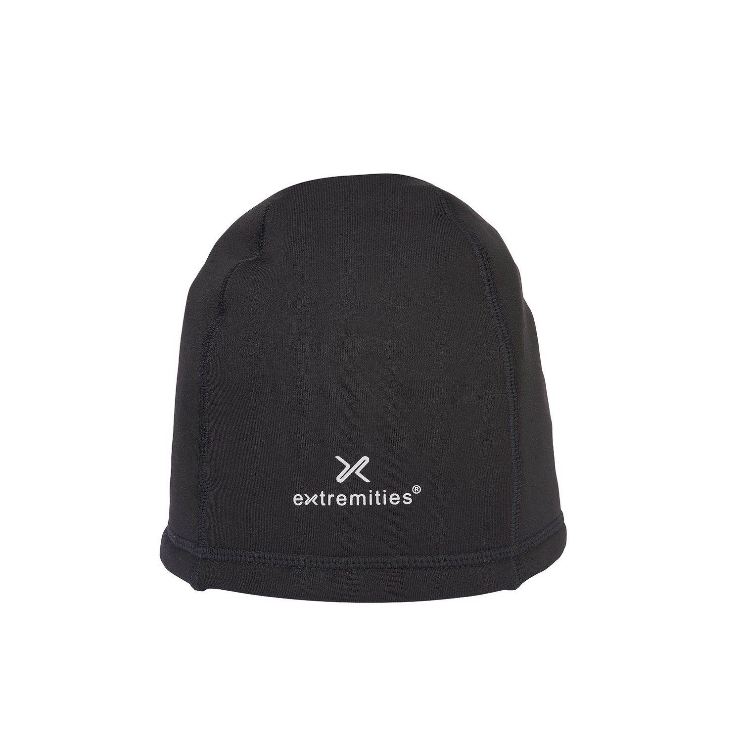 Black fitted beanie with visible stitched panels and a white "extremities" logo centered on the front, displayed on a plain white background.