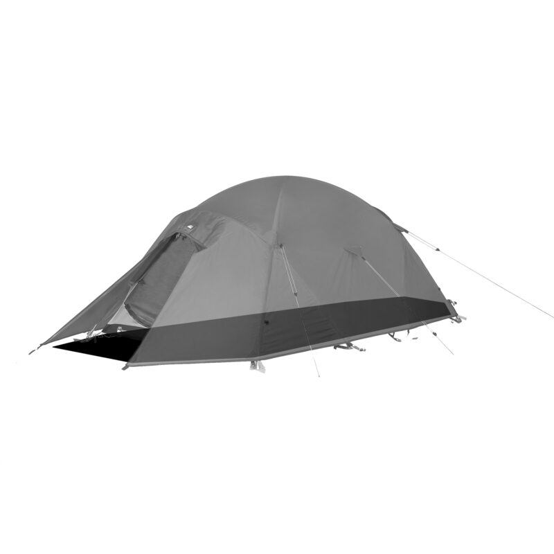Grey two-tone dome camping tent with a partially open front door, external guy lines and pegs staked out, shown on a white background.