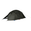 Dark olive two-person dome tent with an extended front vestibule and black rainfly, secured by yellow guylines and visible blue and red guy attachments, shown on a white background.