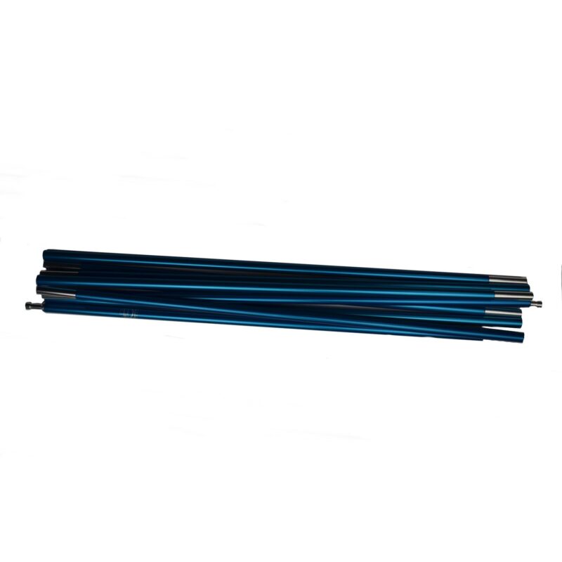 Stack of blue anodised aluminium segmented tent poles with metal ferrules and pin connectors laid diagonally on a white background.