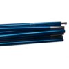Collapsed metallic blue telescopic poles laid in a bundle, showing glossy cylindrical segments and silver connector tips on a white background.