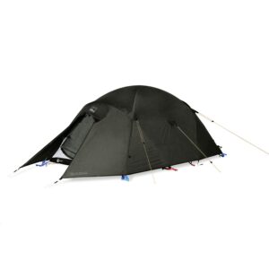 Quasar-LR-3.jpg Olive-green dome tent with a covered front vestibule partially open to reveal the inner mesh door, secured with taut guy lines and coloured tensioners on a white background.