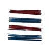 Four bundles of segmented metallic tent poles in metallic red and blue with silver connector tips, arranged horizontally on a white background
