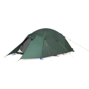 Low-profile dark green dome camping tent with an extended front vestibule opened to show a grey mesh inner door, secured by yellow guy lines and blue stake attachments on a white background.