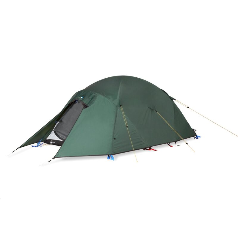 Low-profile dark green dome camping tent with an extended front vestibule opened to show a grey mesh inner door, secured by yellow guy lines and blue stake attachments on a white background.