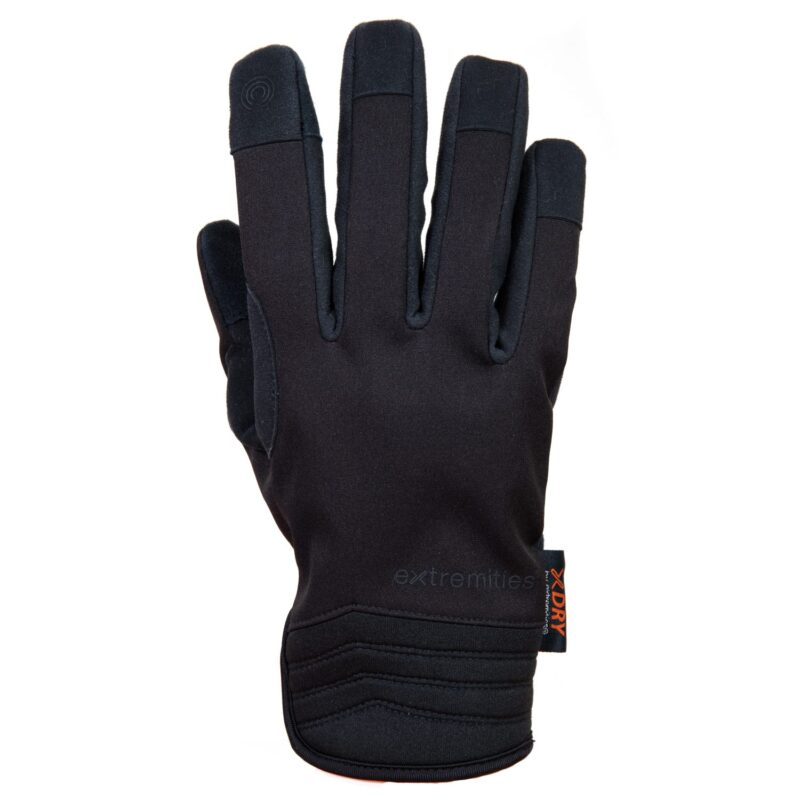 Black five-finger glove shown flat on a white background, with reinforced fingertips, padded wrist detailing and a small 'extremities' logo and X-DRY tag.