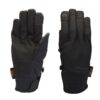 Pair of black insulated winter gloves shown side-by-side — left glove palm-facing and right glove back-facing with a touchscreen icon on the index finger and small orange XDRY tags.
