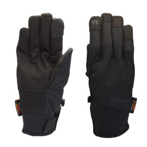 Pair of black insulated winter gloves shown side-by-side — left glove palm-facing and right glove back-facing with a touchscreen icon on the index finger and small orange XDRY tags.