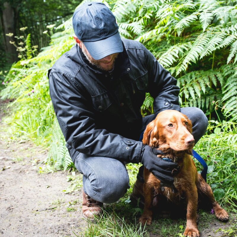 A man in a dark jacket and cap crouching on a woodland path beside a reddish-brown spaniel with damp fur, holding the dog's blue lead as ferns fill the background.