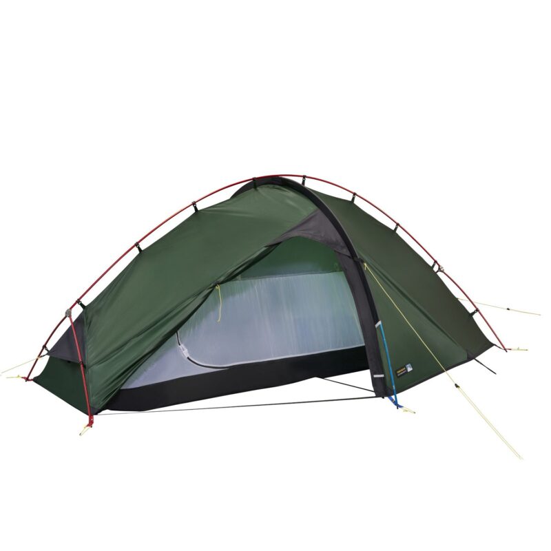 Green two-person dome tent with red external poles and yellow guy lines, front fly partially opened to reveal grey mesh inner tent and black bathtub-style floor on a white background.
