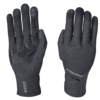 Pair of black lightweight touchscreen-compatible gloves shown palm and back on a white background, featuring silicone grip stripes on the palm, hexagonal textured fabric on the back, small touch-sensitive fingertip pads and visible 'extremities' and 'GORE‑TEX INFINIUM' branding.