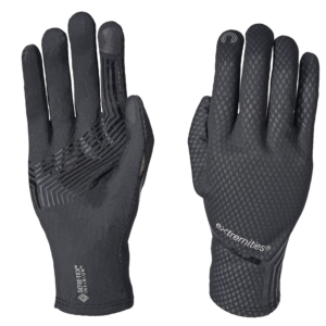 Pair of black lightweight touchscreen-compatible gloves shown palm and back on a white background, featuring silicone grip stripes on the palm, hexagonal textured fabric on the back, small touch-sensitive fingertip pads and visible 'extremities' and 'GORE‑TEX INFINIUM' branding.
