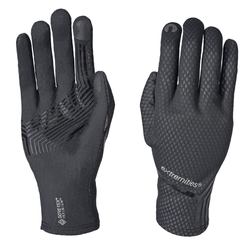 Pair of black lightweight touchscreen-compatible gloves shown palm and back on a white background, featuring silicone grip stripes on the palm, hexagonal textured fabric on the back, small touch-sensitive fingertip pads and visible 'extremities' and 'GORE‑TEX INFINIUM' branding.