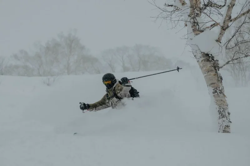 Skier navigating deep powder snow during a winter storm, showcasing dynamic skiing technique amidst a snowy landscape.