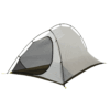 Lightweight single-person dome tent with light grey fabric, mesh front door and black crossed poles, pitched without a rainfly against a white background.
