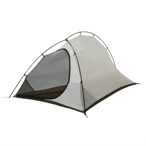 Lightweight single-person dome tent with light grey fabric, mesh front door and black crossed poles, pitched without a rainfly against a white background.