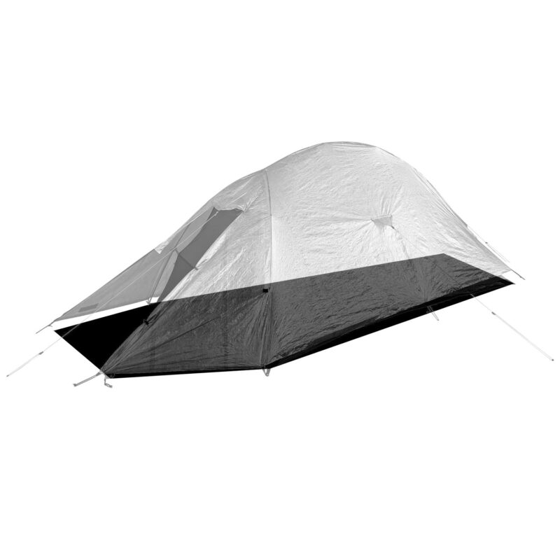 Low-profile two-person dome tent pitched with a translucent grey rainfly, black bathtub floor and triangular vestibule, secured with guy lines.
