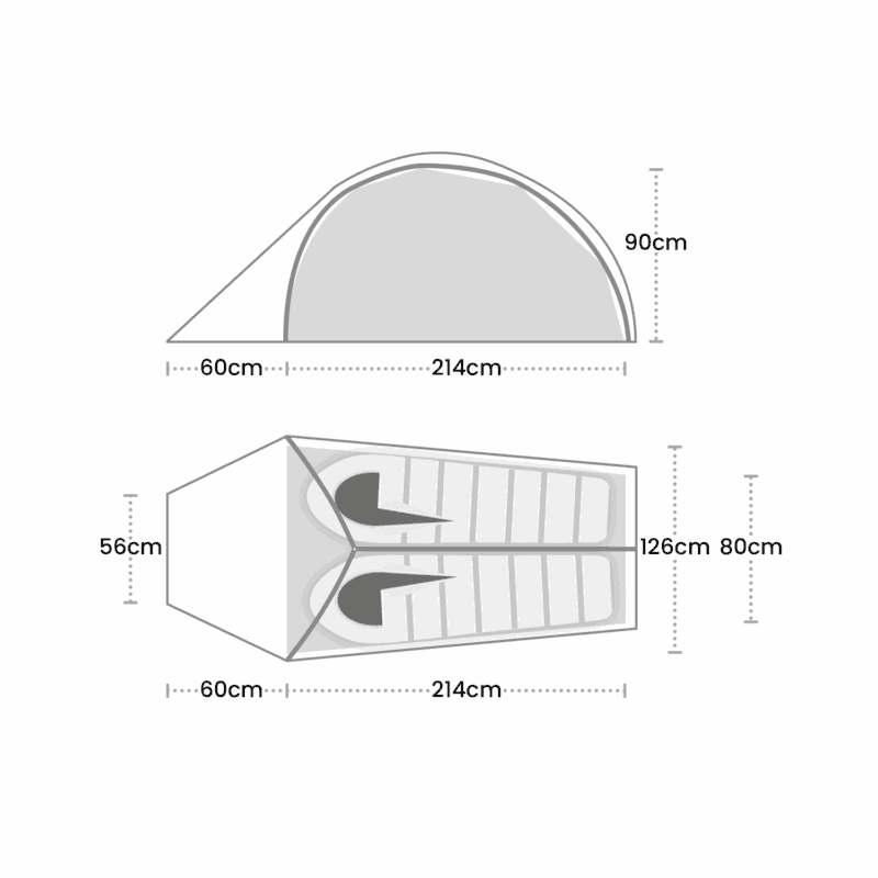 Side and top schematic of a two-person tunnel tent showing a 60 cm porch and a 214 cm sleeping area with a 90 cm peak height (side view), and a top view with two sleeping mats side-by-side in the 214 cm length, annotated widths of 126 cm and 80 cm and a 56 cm vestibule.