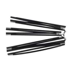 Several black metal pole sections with silver ferrules fanned around a small circular connector on a white background.